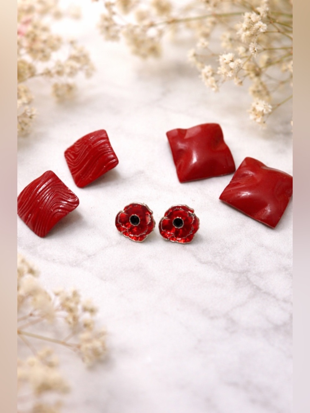 Red Stud Earrings Set of 3 Pairs | Square + Poppy Style Red Jewelry Bundle